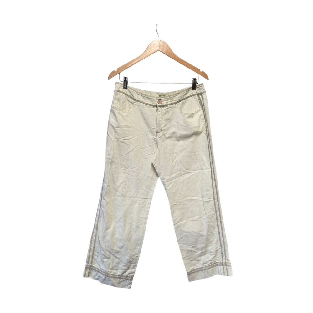 Sigrid Olsen Ivory Taupe Top Stitch 100% Cotton Pant Size 10